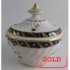 SOLD Worcester Oval Shanked Sucrier and Cover, Blue and Gilt Decoration with 'Bluebell pattern', Body repaired with staples, c1795 SOLD 